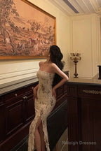 Classy Sheath Strapless Floral Ivory Long Prom Dresses Birthday Outfits Evening Gown