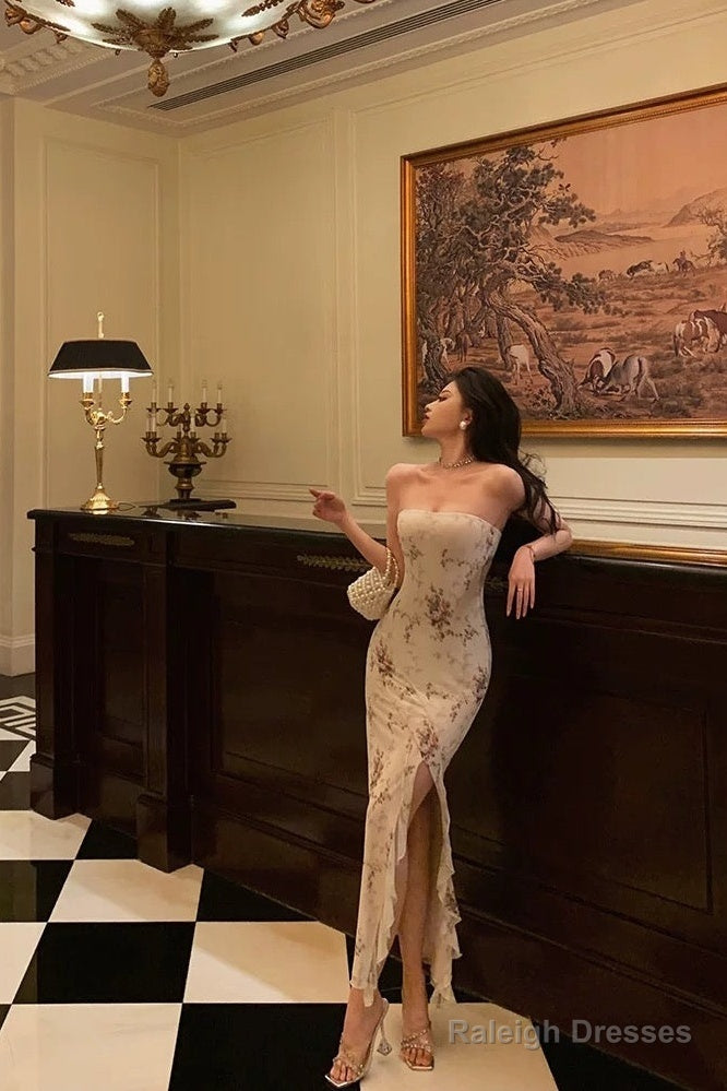 Classy Sheath Strapless Floral Ivory Long Prom Dresses Birthday Outfits Evening Gown Main image