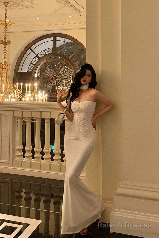 Classy Sheath Strapless Neckline White Prom Dresses Birthday Outfits Evening Gown Secondary image