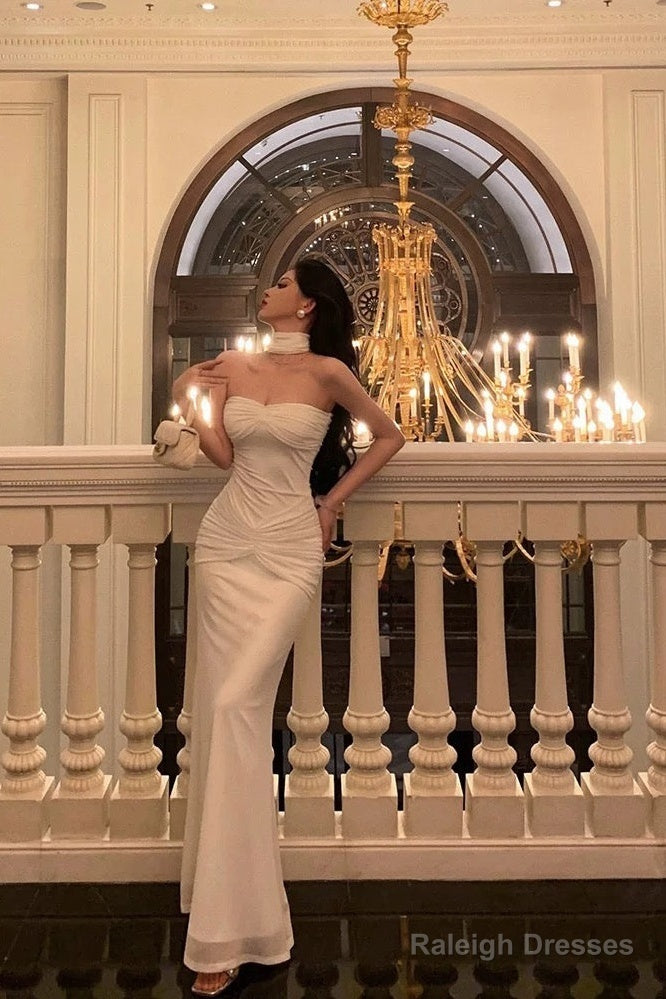 Classy Sheath Strapless Neckline White Prom Dresses Birthday Outfits Evening Gown