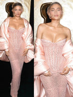 Classy Sheath Strapless Sequin Floor Length Pink Slit Prom Dress Prom Gown