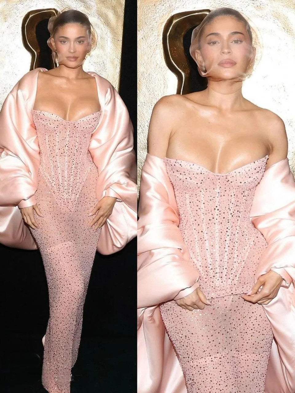 Classy Sheath Strapless Sequin Floor Length Pink Slit Prom Dress Prom Gown