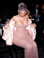 Classy Sheath Strapless Sequin Floor Length Pink Slit Prom Dress Prom Gown