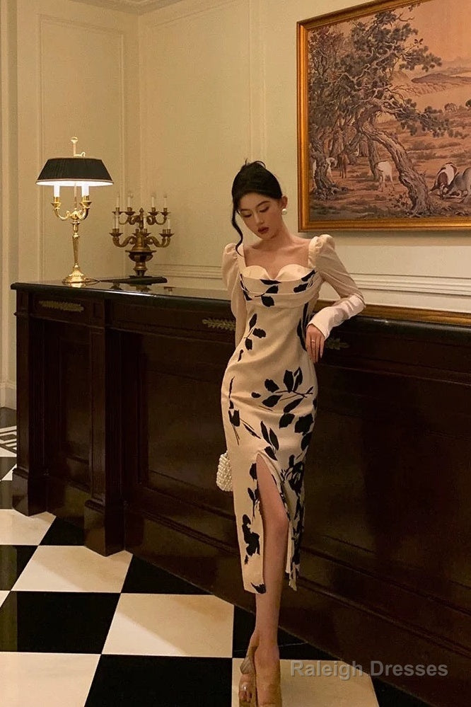 Classy Sheath Sweetheart Floral Satin Prom Dresses Birthday Outfits Evening Gown