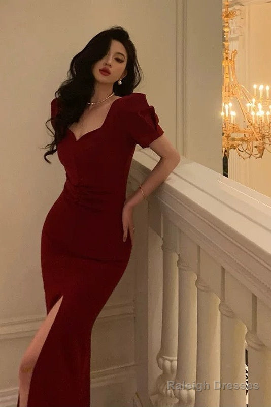 Classy Sheath Sweetheart Neckline Short Sleeves Red Prom Dresses Birthday Outfits Evening Gown