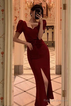 Classy Sheath Sweetheart Neckline Short Sleeves Red Prom Dress Birthday Outfits Prom Gowns