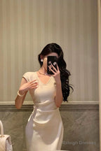 Classy Sheath V Neckline Ivory Satin Prom Dresses Birthday Outfits Evening Gown