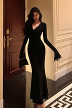 Classy Sheath V Neckline Long Sleeves Black Prom Dresses Birthday Outfits