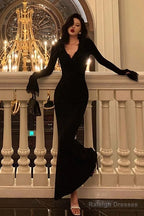 Classy Sheath V Neckline Long Sleeves Black Prom Dresses Birthday Outfits