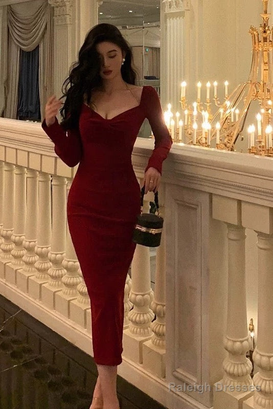 Classy Sheath V Neckline Long Sleeves Red Prom Dresses Birthday Outfits Evening Gown