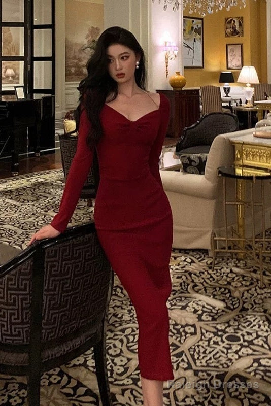 Classy Sheath V Neckline Long Sleeves Red Prom Dresses Birthday Outfits Evening Gown