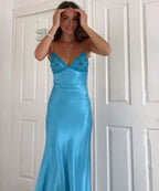 Classy Spaghetti Strap Sleeveless Mermaid Satin Long Backless Prom Dress