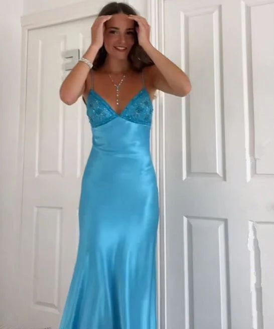 Classy Spaghetti Strap Sleeveless Mermaid Satin Long Backless Prom Dress
