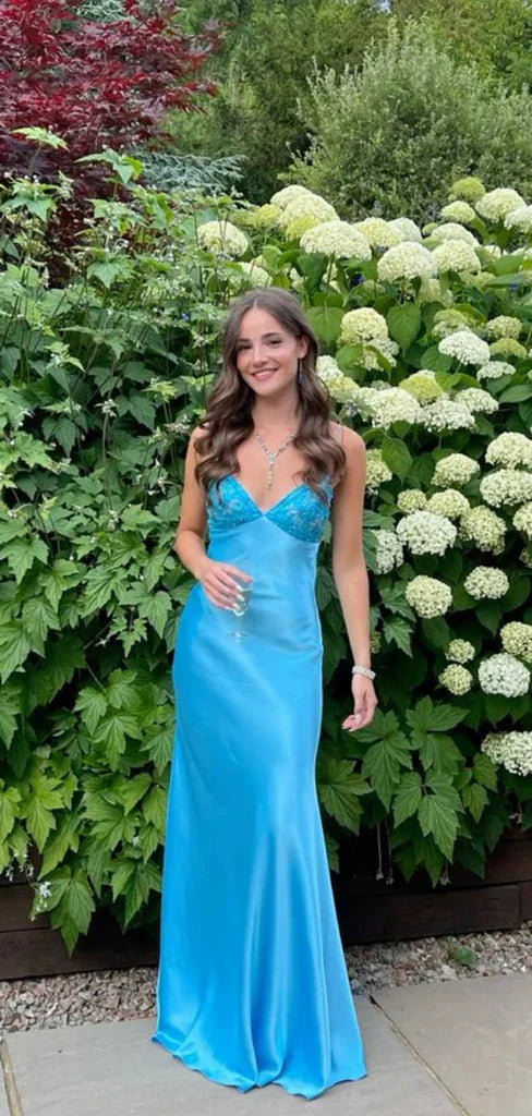 Classy Spaghetti Strap Sleeveless Mermaid Satin Long Prom Dress Main image