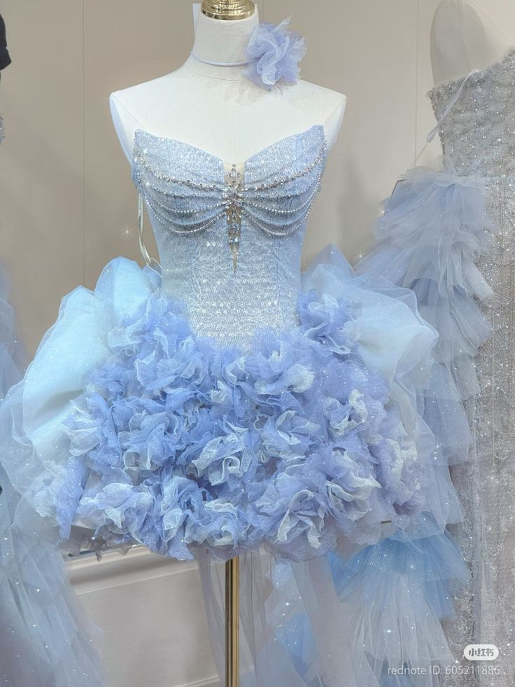Classy Strapless Blue Tulle Pleated Beaded Birthday Outfits Homecoming Dresses Main image