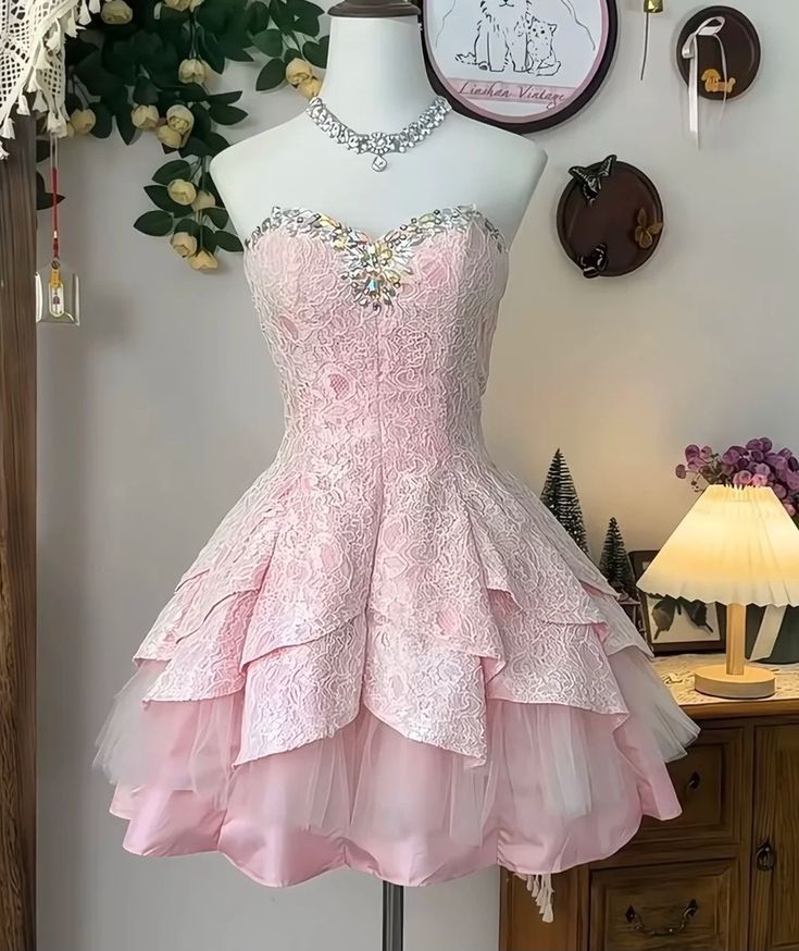 Classy Strapless Lace Beaded A-Line Homecoming Dresses Pink Short Birthday Dresses Main image