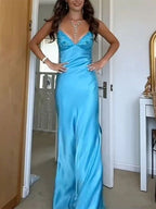 Classy V-Neck Blue Beaded Back Tie A-Line Long Prom Dresses
