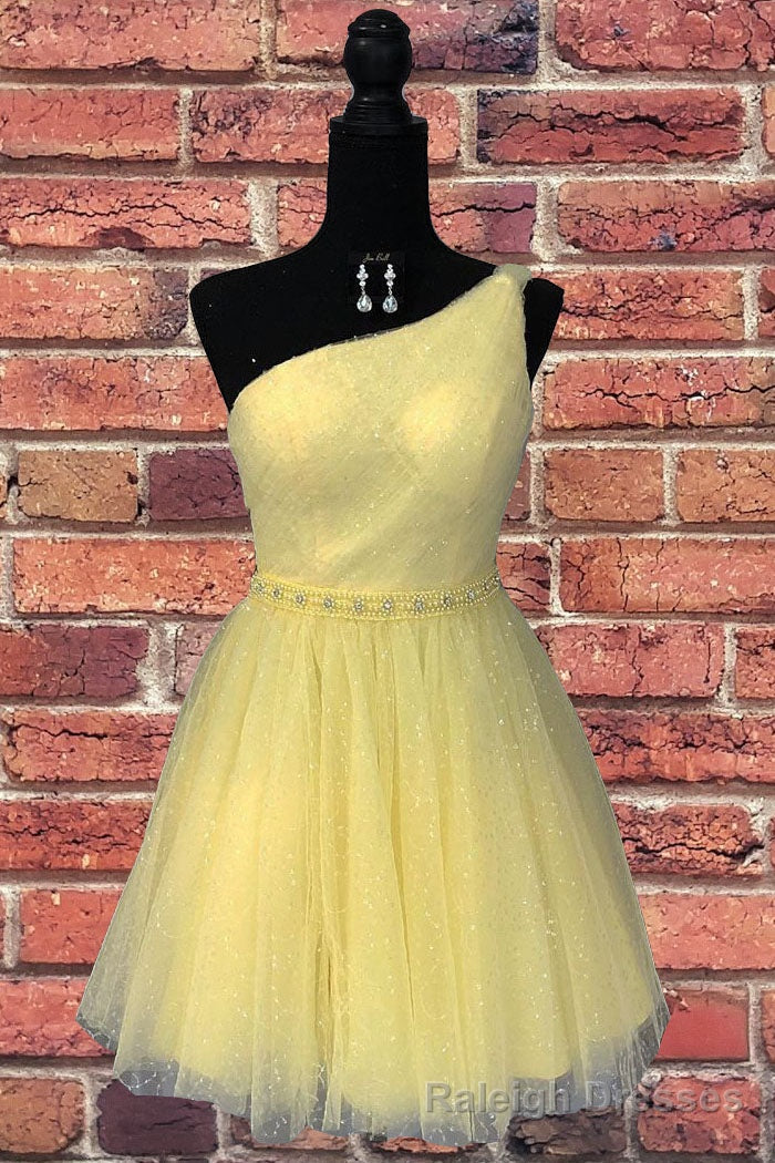 Classy Yellow One Shoulder Short Formal Gown with Beading Main image