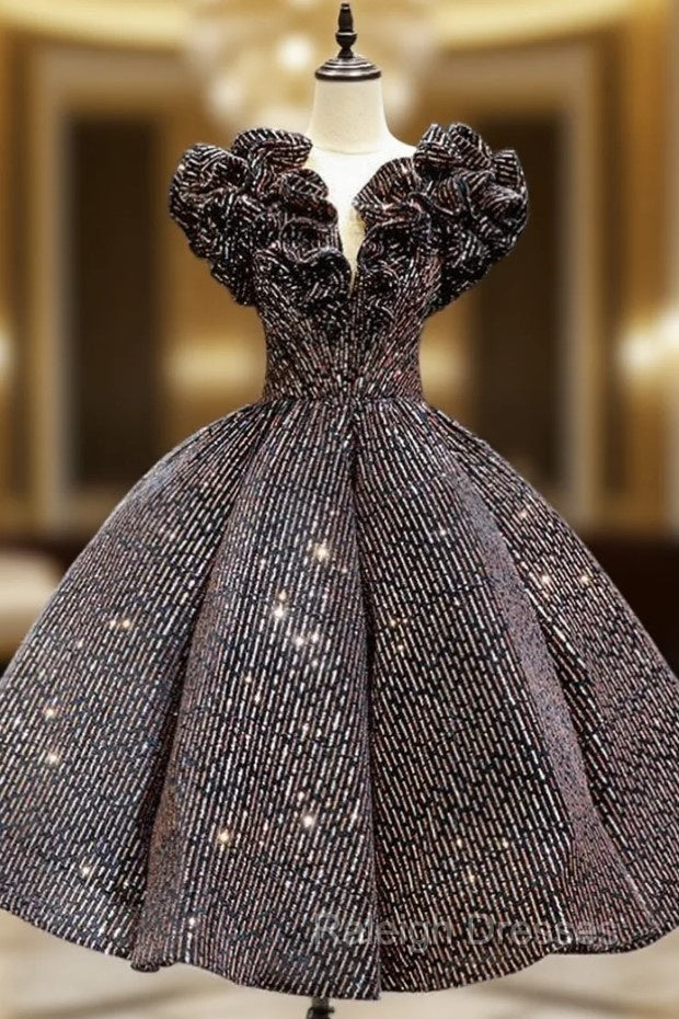 Coffee Ball Gowns Sequins V Neck Short Tea Length Prom Dress