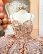 Coffee Beaded Quinceanera Dress Spaghetti Neck Appliqued 3D Floral Sweet 16 Princess Ball Gowns Pageant Gown Vestido