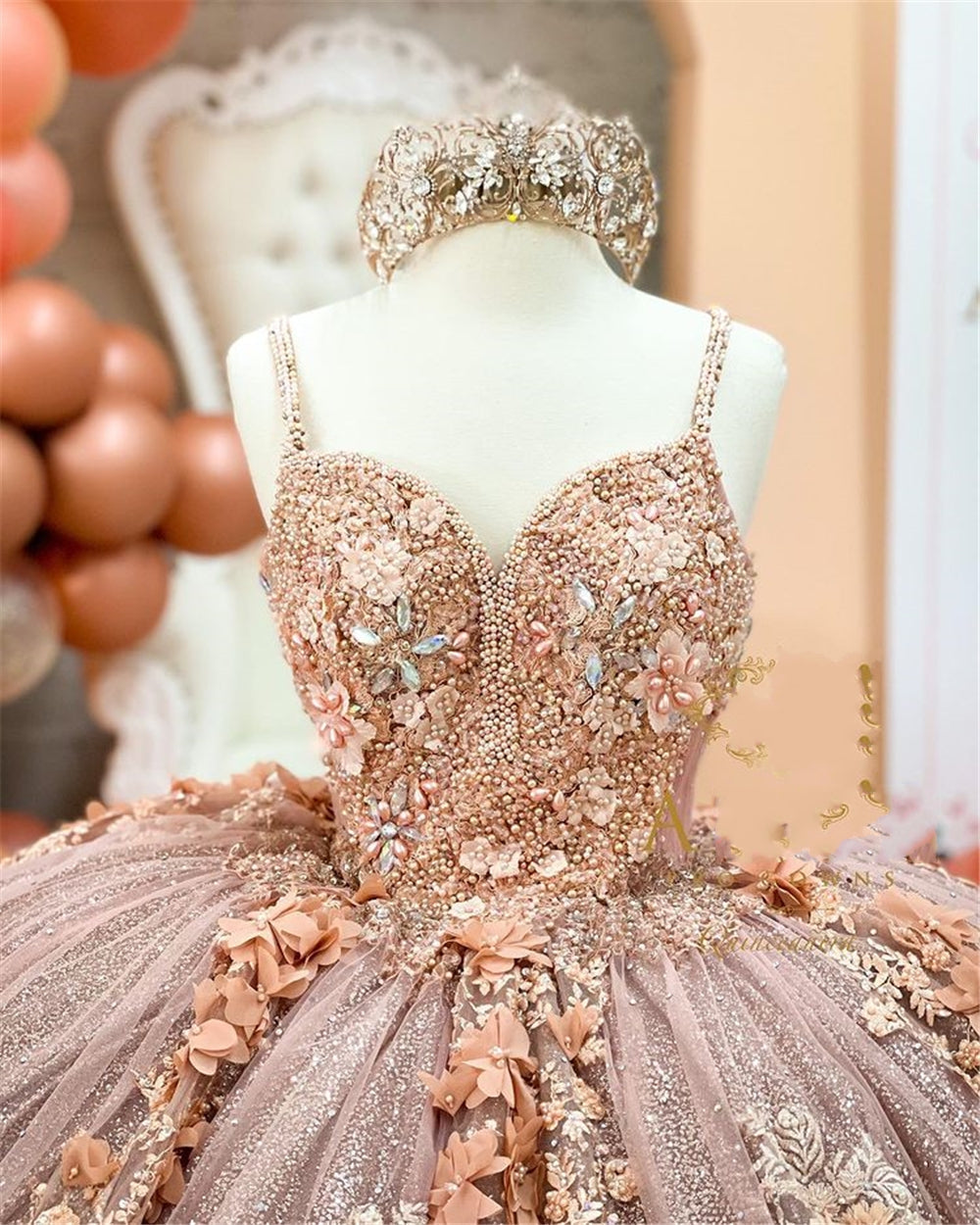 Coffee Beaded Quinceanera Dress Spaghetti Neck Appliqued 3D Floral Sweet 16 Princess Ball Gowns Pageant Gown Vestido