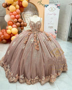 Coffee Beaded Quinceanera Dress Spaghetti Neck Appliqued 3D Floral Sweet 16 Princess Ball Gowns Pageant Gown Vestido