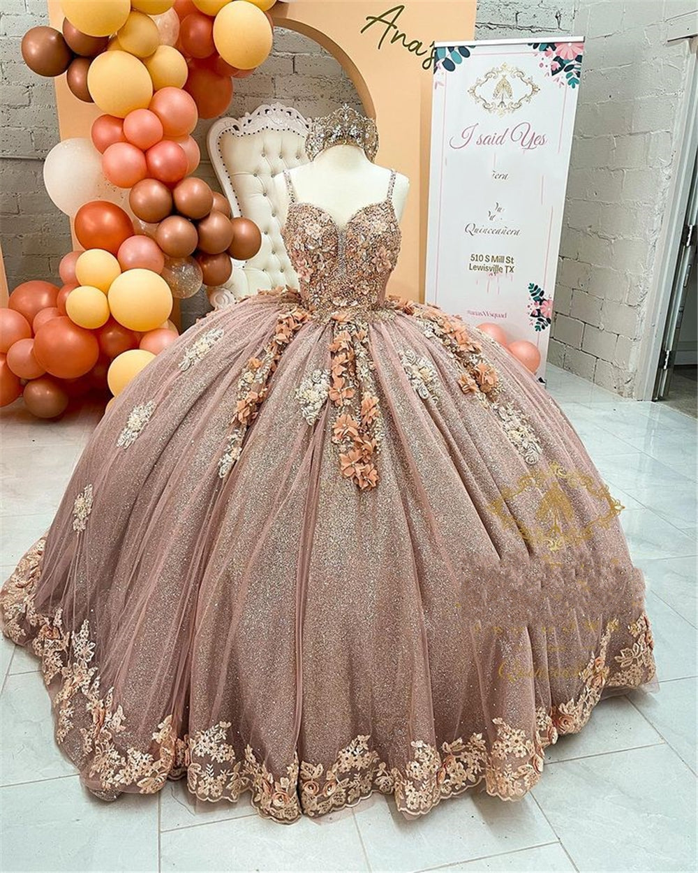 Coffee Beaded Quinceanera Dress Spaghetti Neck Appliqued 3D Floral Sweet 16 Princess Ball Gowns Pageant Gown Vestido