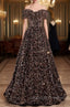 Coffee Gold Sequins Off the Shoulder Beading Prom Dress