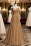 Coffee Gold Tulle Spaghetti Straps Beading Pleats Prom Dress