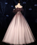 Coffee One Shoulder Tulle Long Prom Gowns, Coffee Tulle Formal Dress