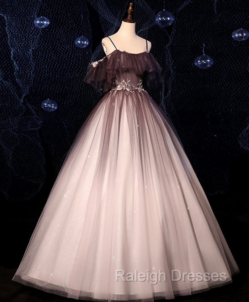 Coffee One Shoulder Tulle Long Prom Gowns, Coffee Tulle Formal Dress