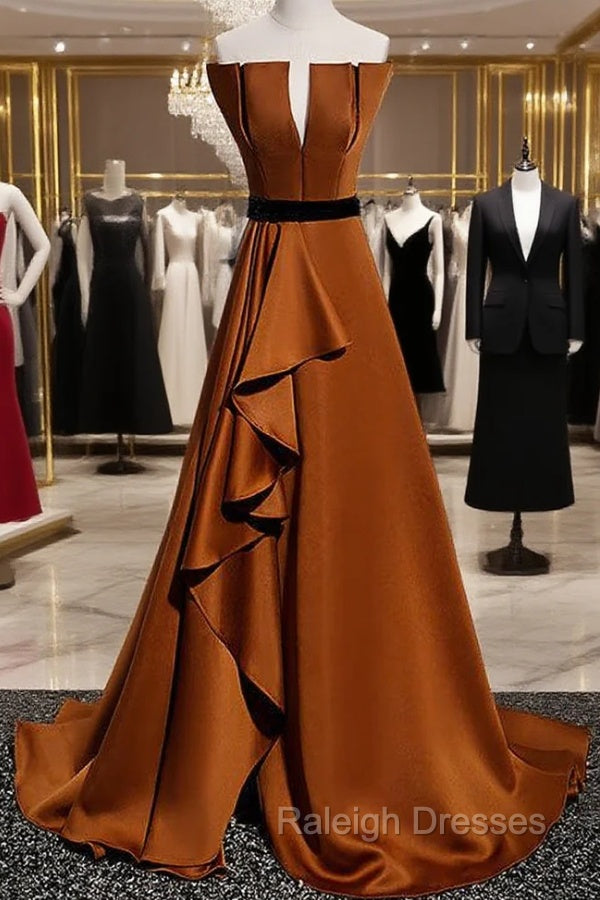 Coffee Satin Strapless Pleats Prom Dress With Split