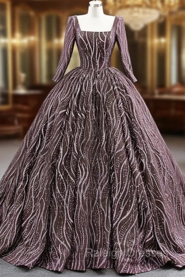 Coffee Sequins Square Long Sleeve Prom Dress