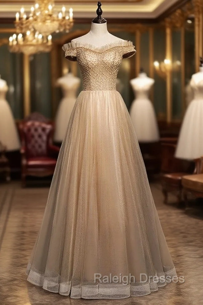 Coffee Tulle Off the Shoulder Beading Prom Dress