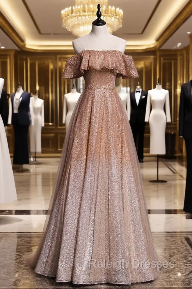 Coffee Tulle Sequins Off the Shoulder Beading Prom Dress Main image