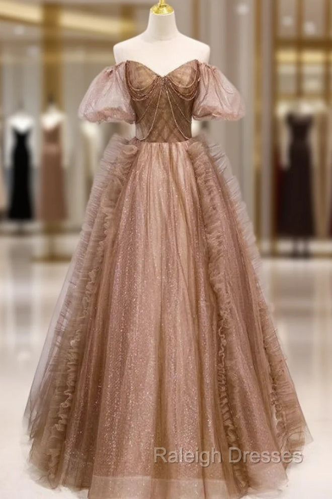 Coffee Tulle Sequins Puff Sleeve Beading Prom Dress Main image