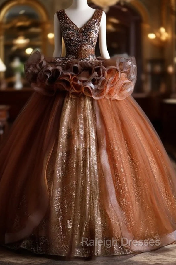 Coffee Tulle Sequins V-neck Beading Quinceanera Dress