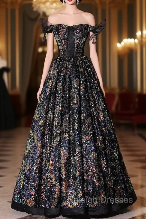 Colorful Black Sequins Off the Shoulder Prom Dress Main image