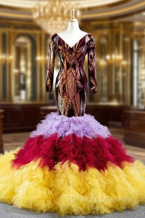 Colorful Mermaid Sequins Tulle Long Sleeve V-neck Prom Dress Main image