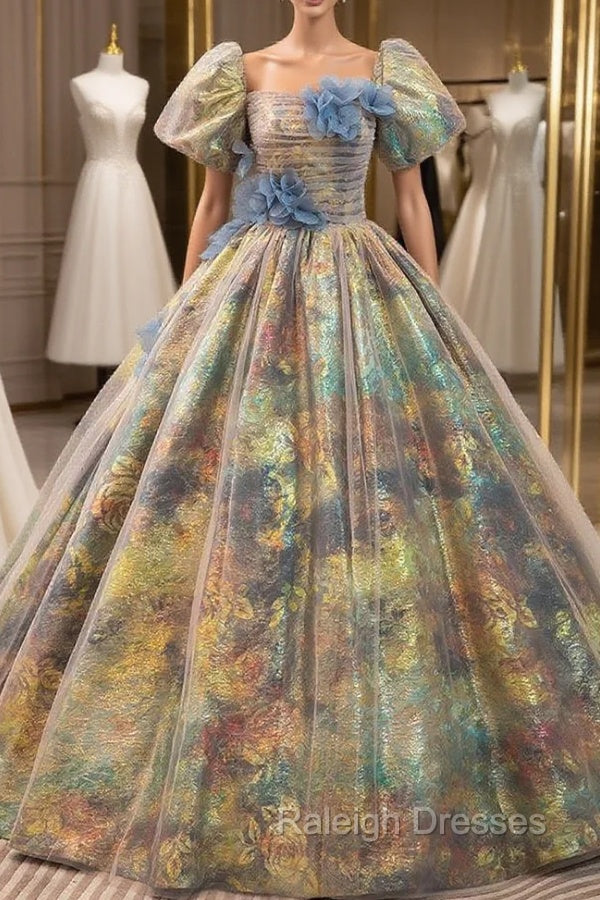 Colorful print Puff Sleeve Flower Quinceanera Dress