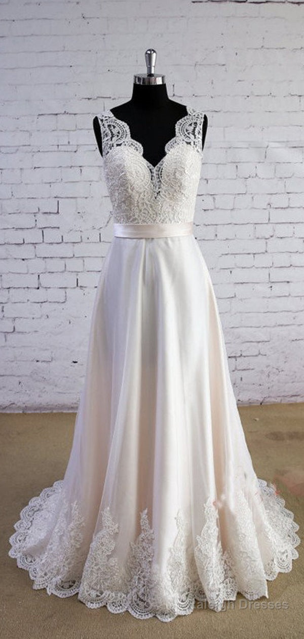 Column Sleeveless Special Wheat Color  V-Neck V-Back High Waist Lace Sweep Trailing Wedding Dresses,
