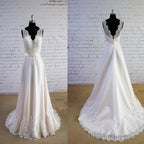 Column Sleeveless Special Wheat Color  V-Neck V-Back High Waist Lace Sweep Trailing Wedding Dresses,