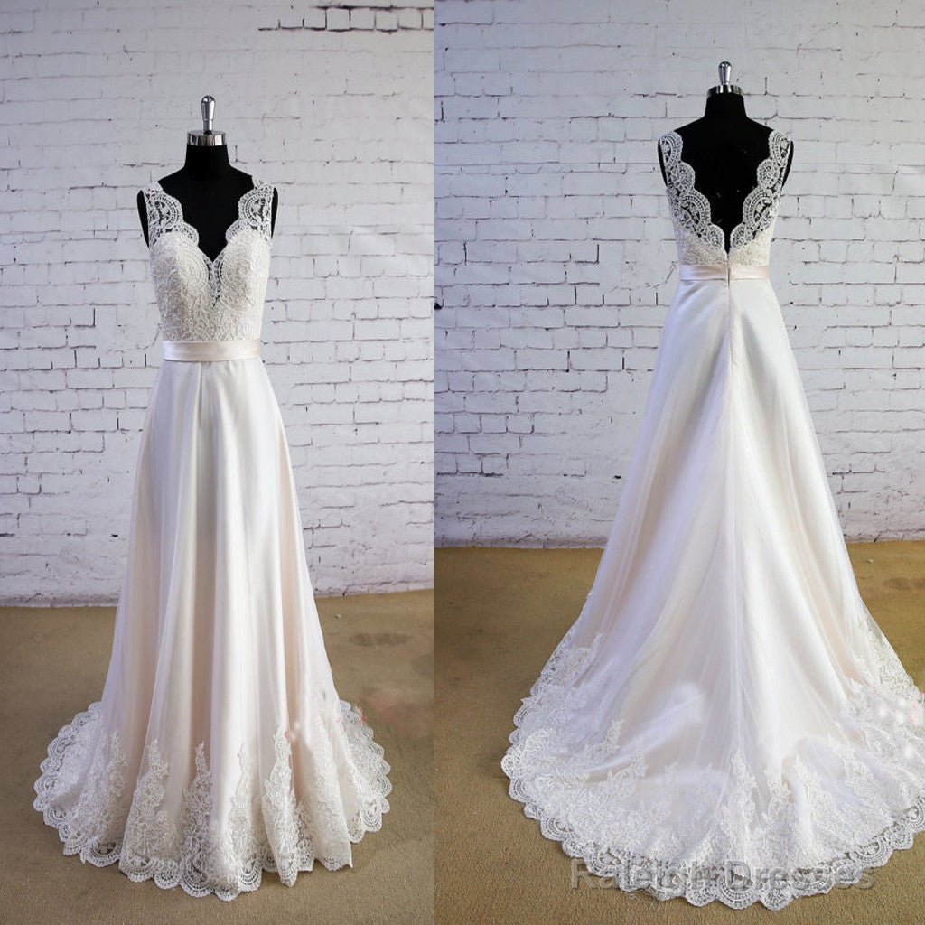 Column Sleeveless Special Wheat Color  V-Neck V-Back High Waist Lace Sweep Trailing Wedding Dresses,