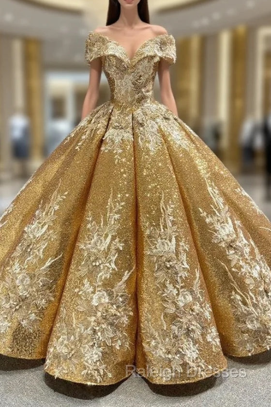 Come In a Wide Variety Of On-Trend Styles, Gold Ball Gown Sequins Off the Shoulder Appliques Prom Dress Main image