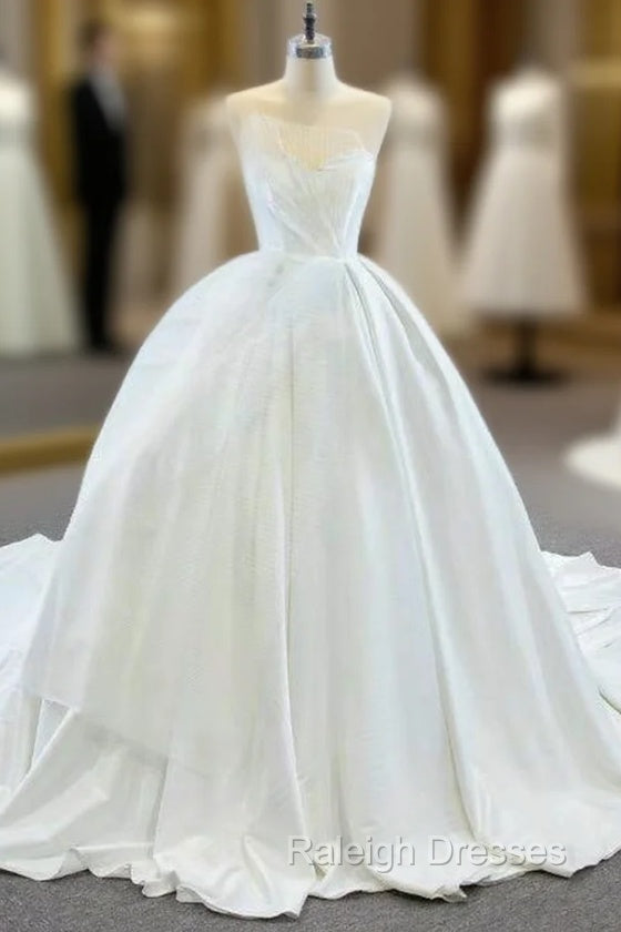 Come In a Wide Variety Of On-Trend Styles, White Ball Gowns Satin Sweetheart Pleats Wedding Dress With Train Main image