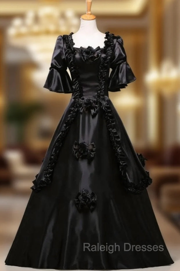 Come In All Styles And Colors Black Ball Gown Satin Short Sleeve Costume Masquerade Dress Main image