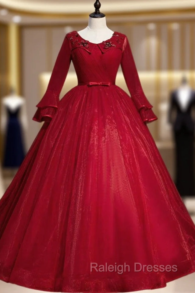 Come In All Styles And Colors Burgund Ball Gown Tulle Long Sleeve Appliques Quinceanera Dress