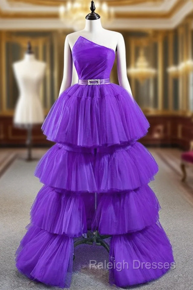 Come In All Styles And Colors Purple Ball Gown  Strapless Pleats Tiers Prom Dress With Belt