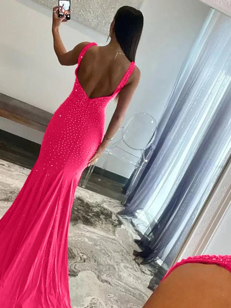 Coral Pink Mermaid Deep V-Neck Beaded Satin Long Prom Dress Secondary image