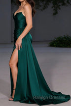 Corset Strapless Dark Green Mermaid Prom Dresses Long With Slit